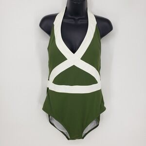 Boden Kefalonia Halter Neck One Piece Swimsuit Olive Green Cream Stripe Size 14